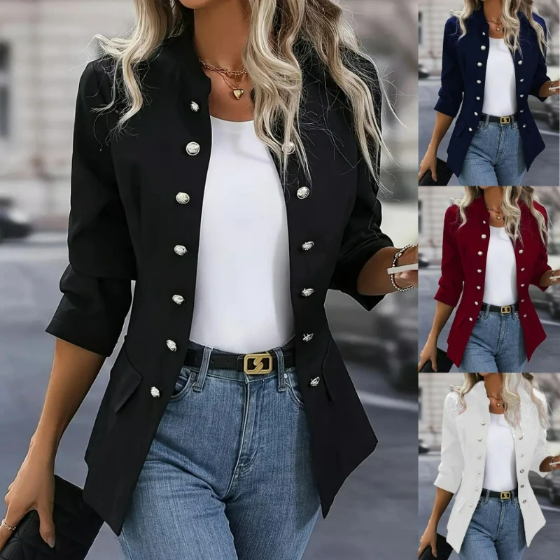 

Women Double Breasted Jackets Blazer Slim Fit Stand Collar Long Sleeve Coats Solid Spliced Casual Work Jacket Office Lady