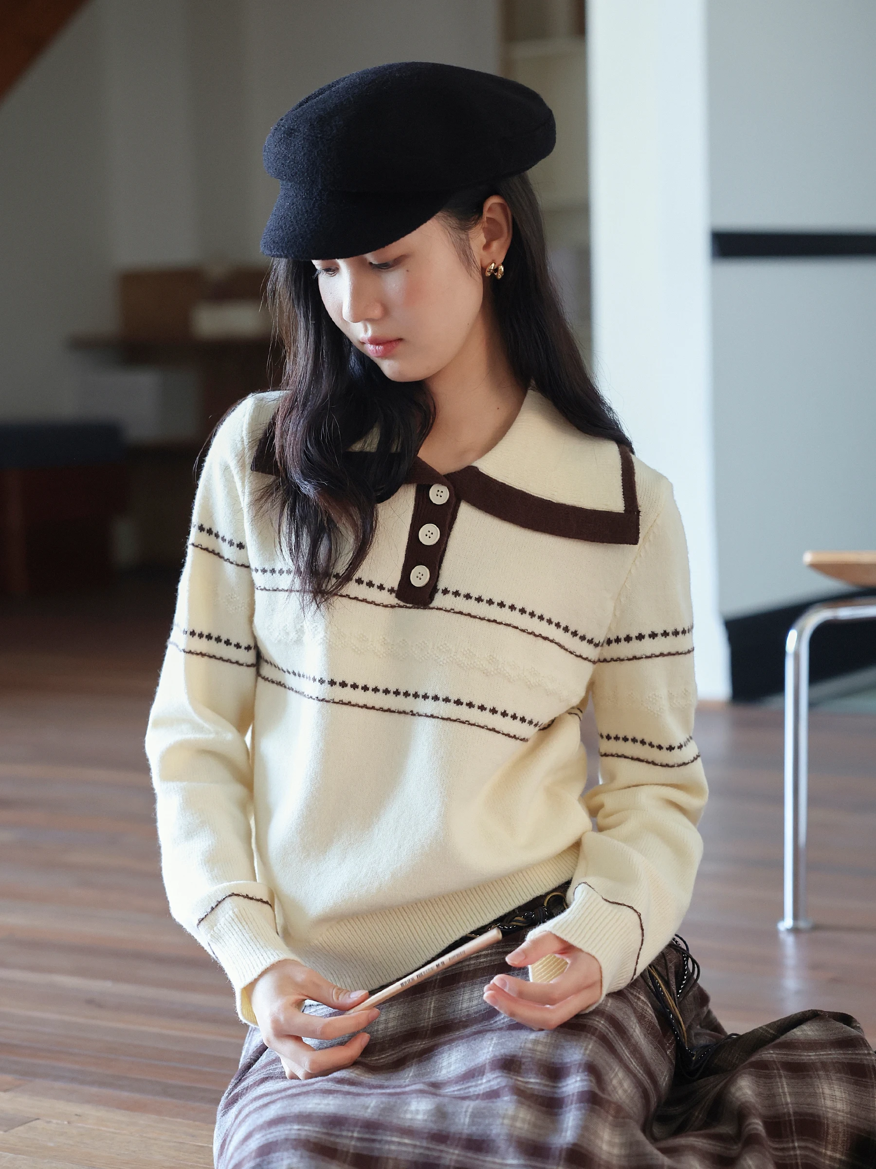 

MUNNS Casual Wave Patterned Navy Collar Striped Knitwear Autumn Winter Thiened Warm Sweater Coat Easy Wear Straight Tube pe