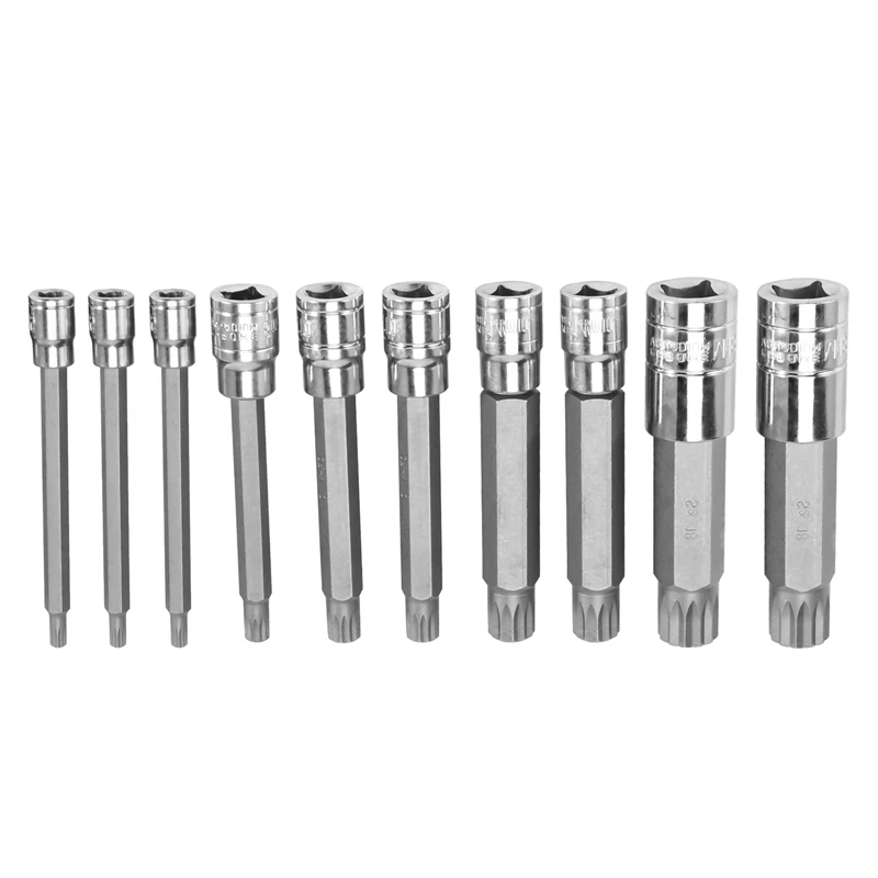 10 Piece 4 Inch Spline Tip Bit Socket Set M-Type Universal Sleeve M4-M18 Triple Square Spline Bit Socket Set