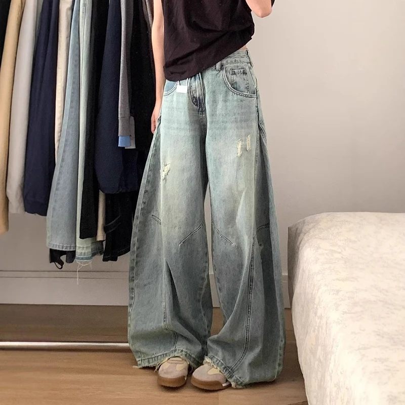 2025 가을 한국 여성 청바지 레트로 하이 웨이스트 청바지 스트레이트 레그 팬츠 배기 청바지 찢어진 청바지