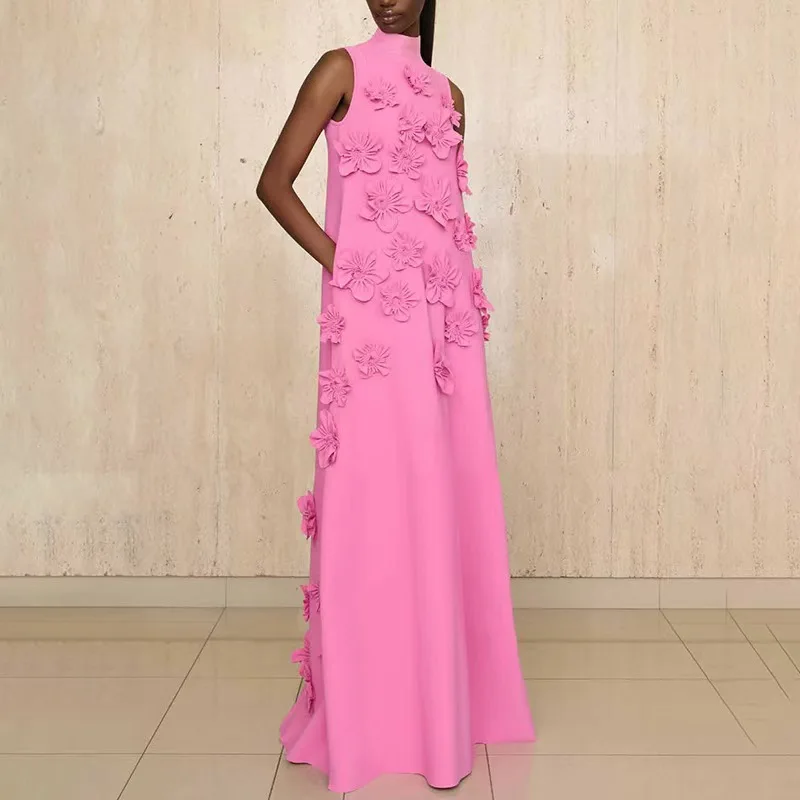 Ele col haut Svel Long Dr avec décoration florale 3D pour Par tissu Polyester taille ample pièce unique