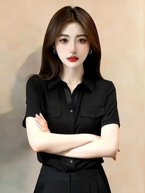 

Elegant Pure Color Shirt Simple Shoulder Flip Collar Commute Style Women's Casual Fashion Shirt Short Sleeve Polyester