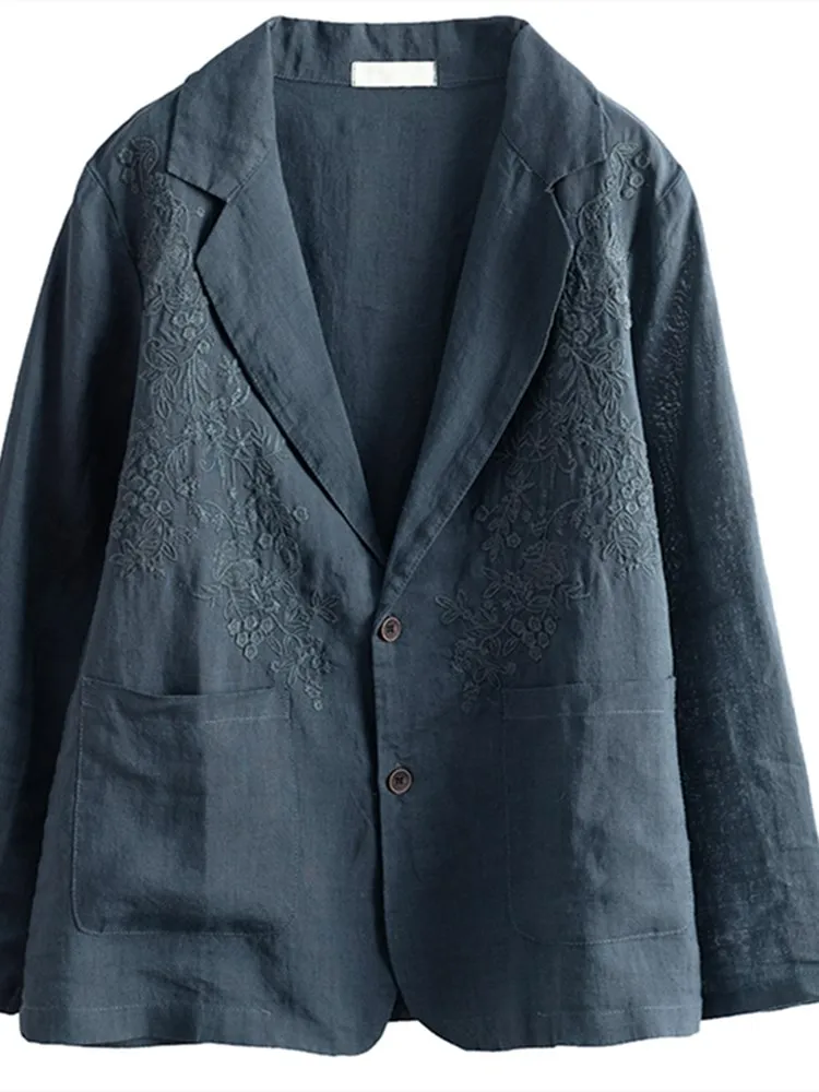 Lente Zomer Nieuwe Zware Borduurwerk Linnen Pak Jas Grote Maat Losse Revers Lange Mouw Open Cardigan Buitenkleding voor Dames