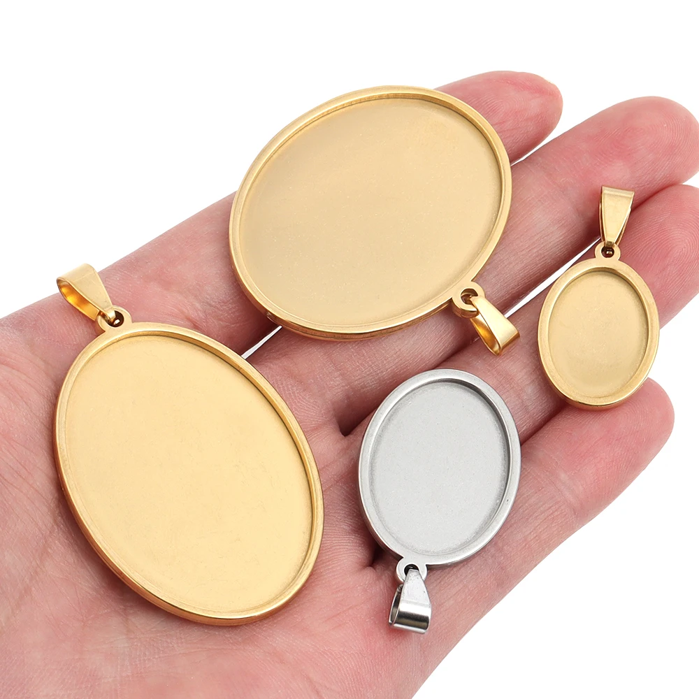 

High Quality Oval Stainless Steel Pendant Cabochon Base Bezel Blank Fit Cabochon Necklace Jewelry Making Blank Pendants Tray