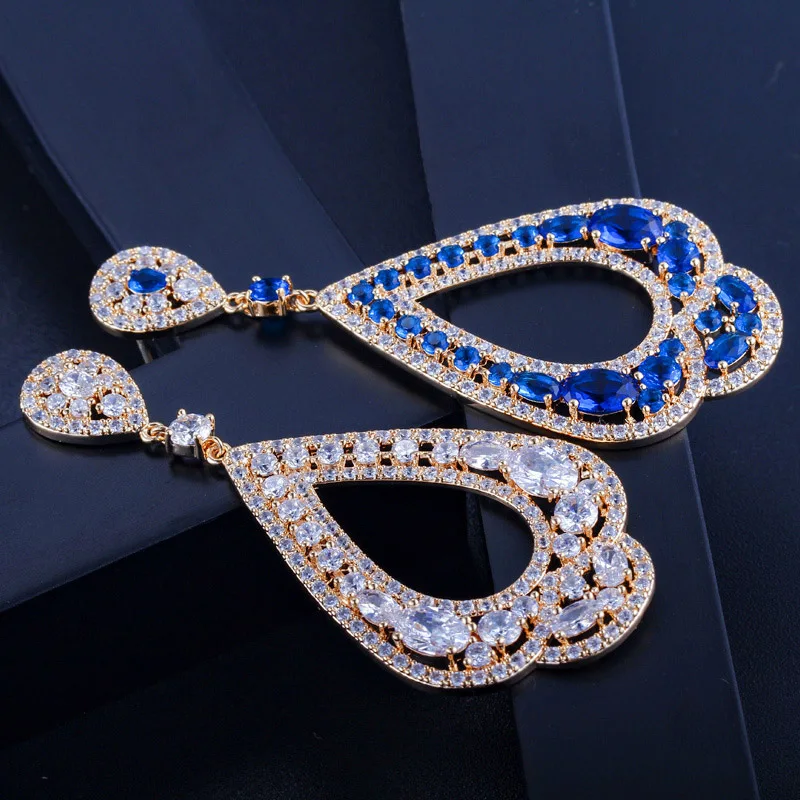 Pera Brand Designer Royal Blue Cubic Zirconia Long Dangle Big Hollow Water Drop Earrings for Bridal Wedding Party Jewelry E008