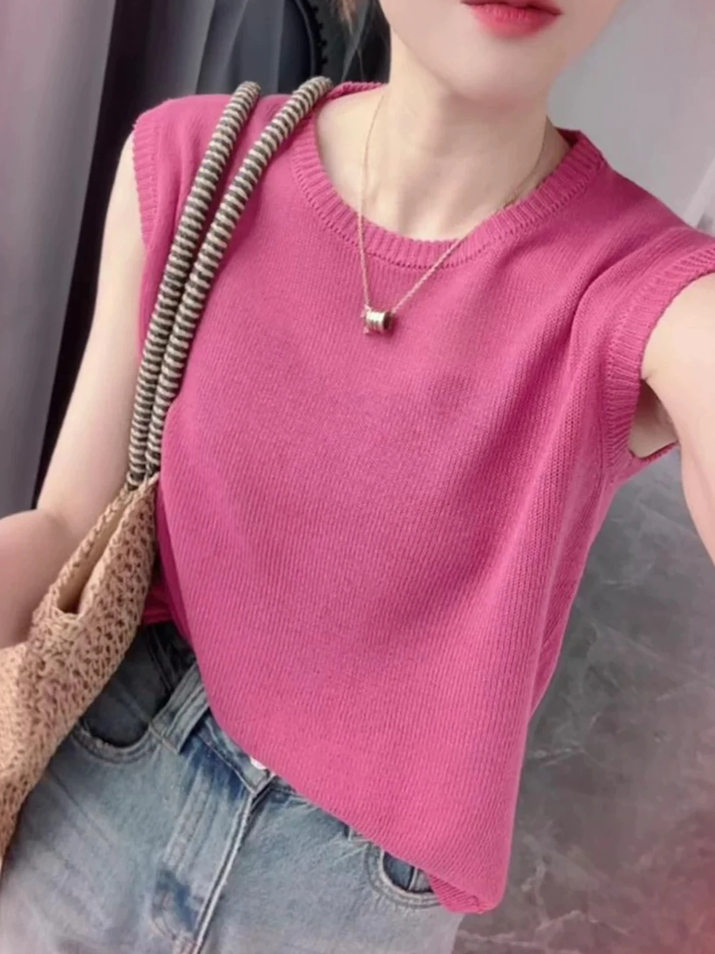 

Laid-ba Faion Summer 2025 round Ne Knitwear Svel Breathable Casual Sle Korean Loose Fit Single Piece Color