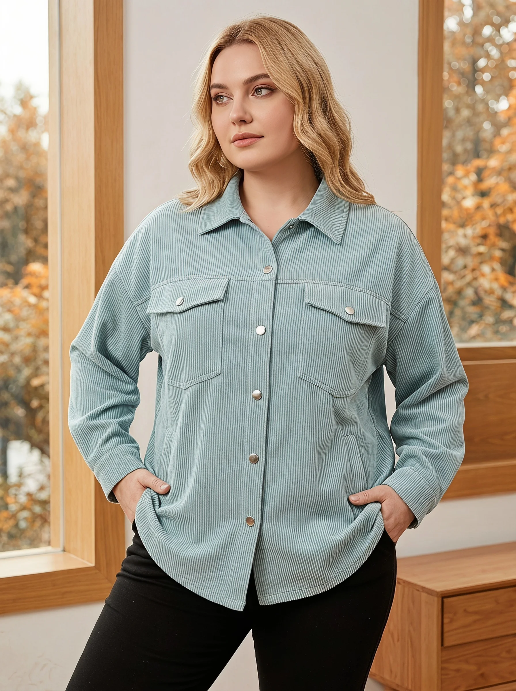 Rosa Fera Plus Size Women Ribbed Jacket Shirt Button Down Pocket Detail Long Sleeve Jacket image 3