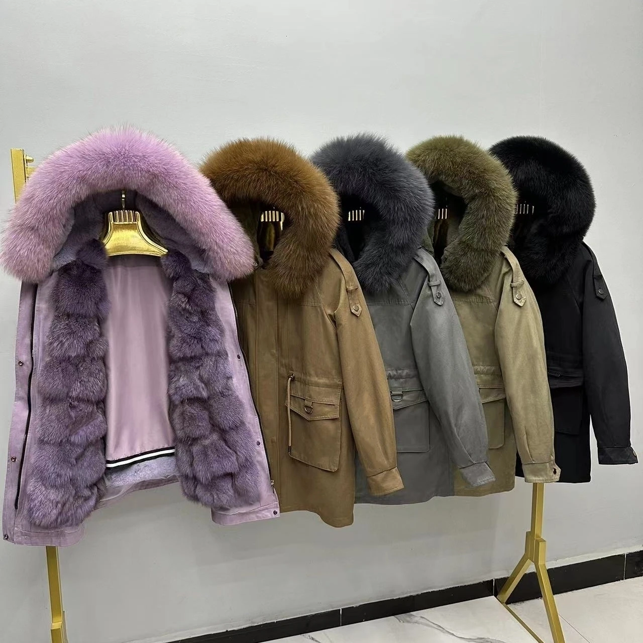 Parka Giacca da donna Cappotto di pelliccia con abbottonatura Coniglio Interno staccabile Cappotto con collo in pelliccia di volpe integrato Giacca invernale da donna Cappotto in pelliccia sintetica
