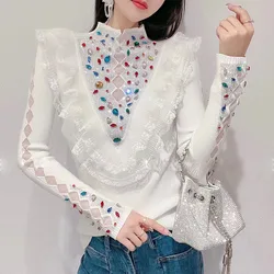 Women Colorful Diamonds Beaded Knitted Bottoming Shirts Lace Ruffles Crystal Pullovers Rhinestones Sweater Jumpers Tops Sueter