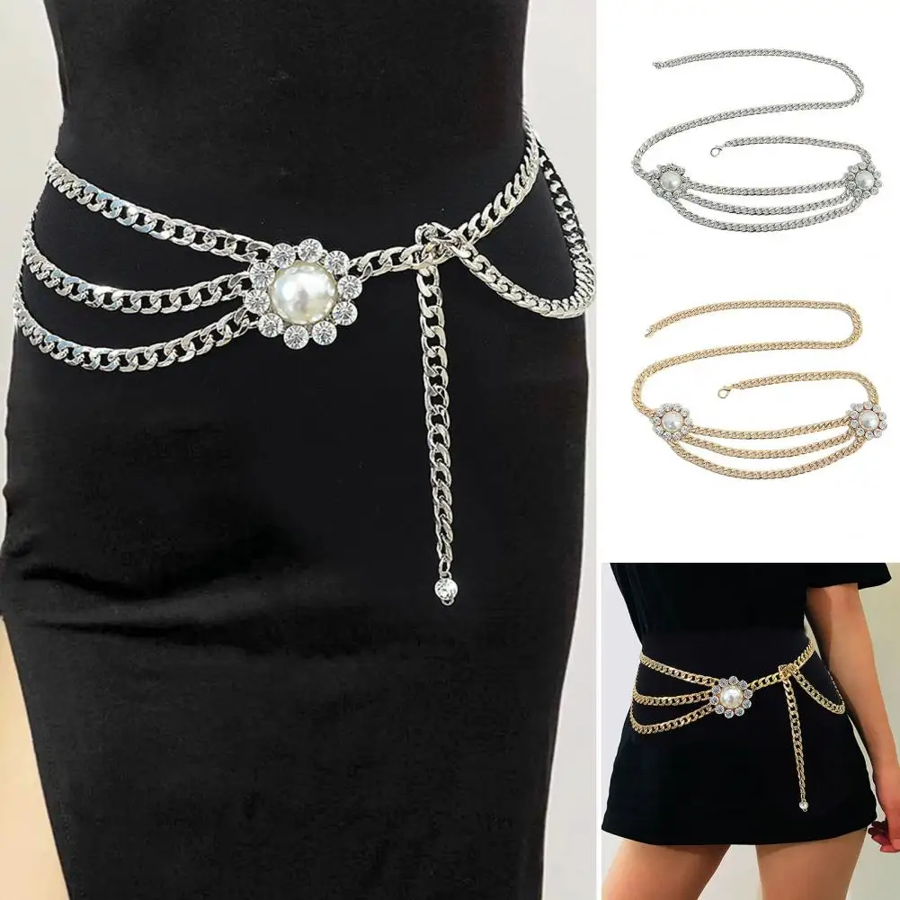 Tight Waist Wear-resistant Rhinestone Embedded Faux Pearl Girls Waist Chain for Party