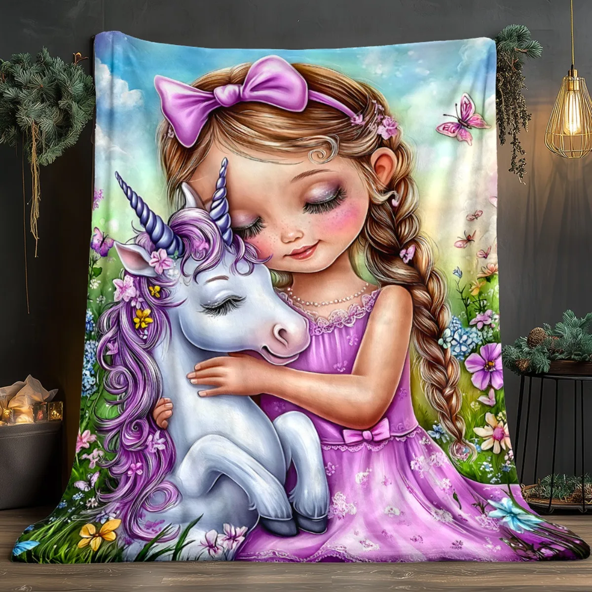 Unicorn girl fantasy magical artwork flannel blanket cute cartoon childrens bedroom decor soft throw blanket