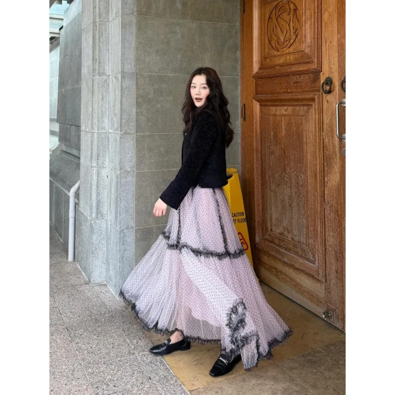 1 قطع المرأة البولكا نقطة تول ماكسي تنورة الثقيلة شبكة ألف خط الطابق طول تنورة أنيقة مكتب تخفيف تكدرت المتدرج كعكة تنورة #3