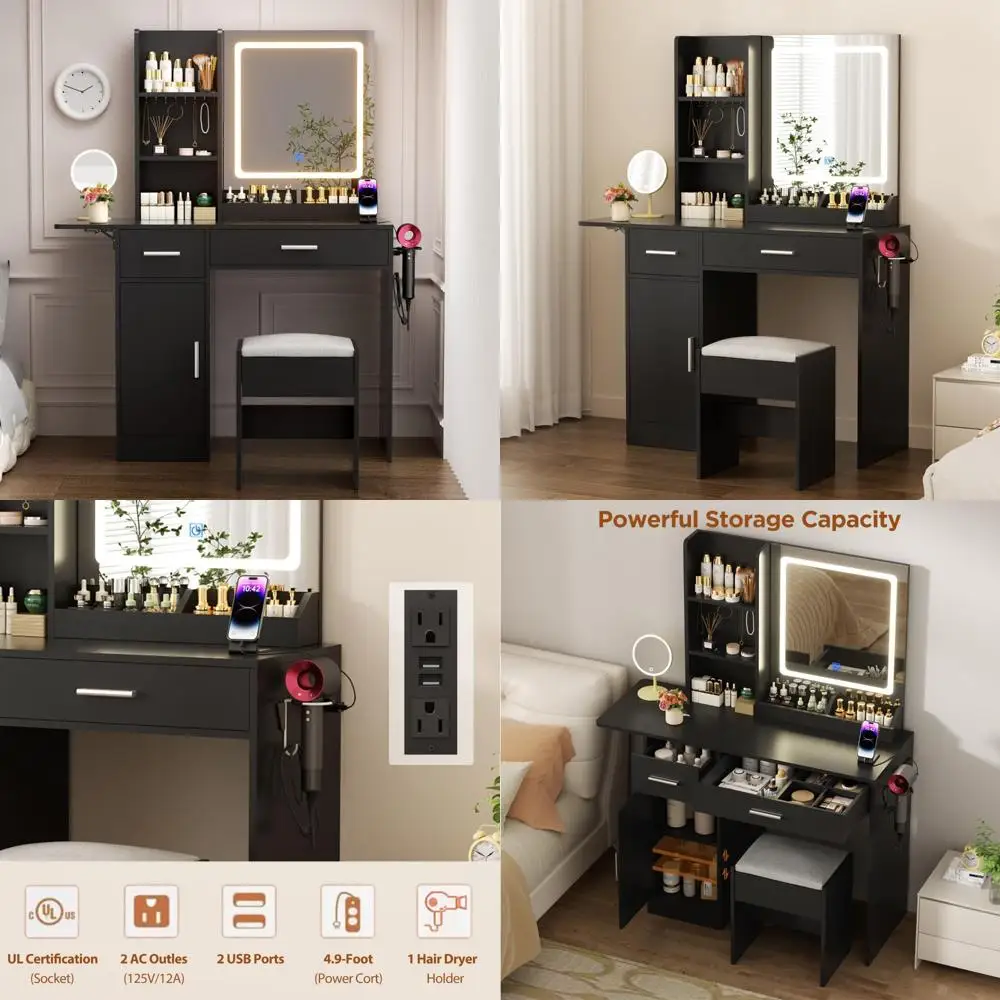 Full Bed Frame with 4 Drawers and Hidden Storage Headboard,Full Size Bed with LED Lights and Charging Station,Heavy Duty Metal B