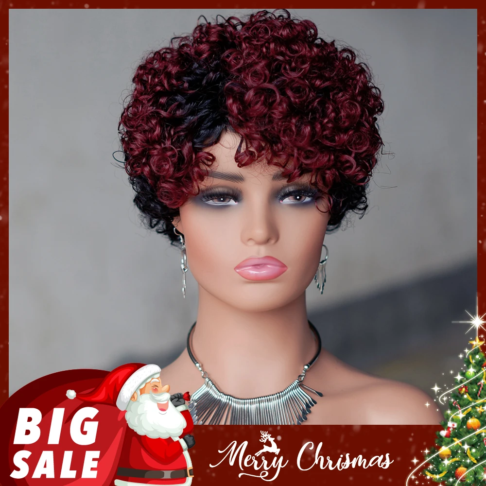 6inch Short Curly Wigs T1B/99J None Lace Front Human Hair Wigs with Bangs 180% Density Machine Made Pixie Cut Curly Wave Wig