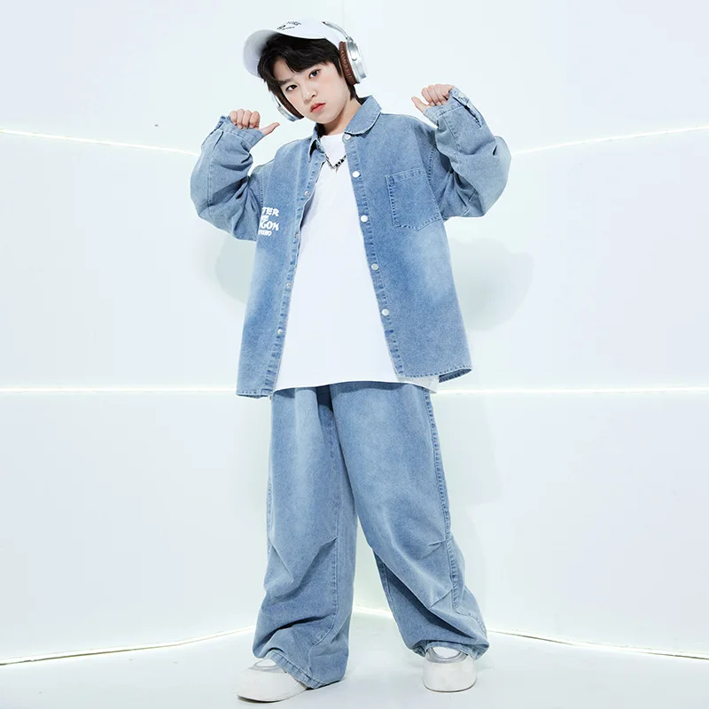 Детская танцевальная одежда в стиле хип-хоп — комплект джинсовой куртки и джинсов, уличная одежда для джаза для мальчиков и девочек, костюм для выступлений для шоу-вечеринки 4–18 лет