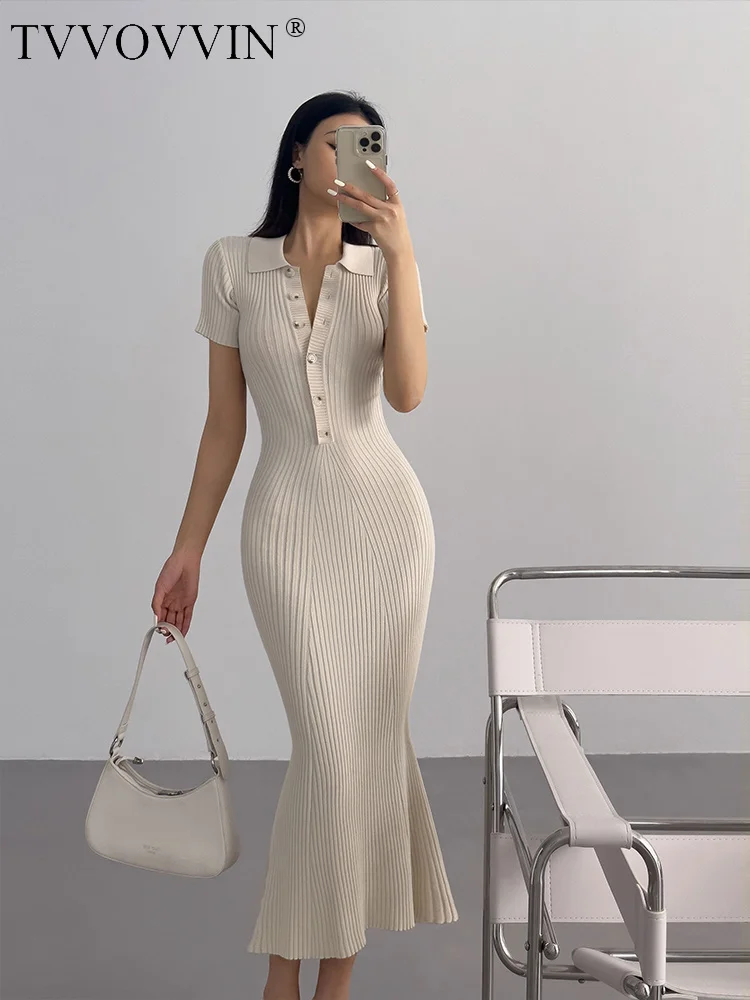 

WOMENGAGA Summer Fishtail dress sweater Slim Casual Long Knitted Dress Polo Neck Short Sleeve Single breasted Vertical 2023 AE5F