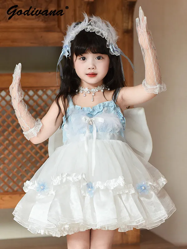 Sweet Baby Girls Heavy Ballet Lolita Princess Slip Dress Kids 2026 New Summer Mesh Ruffle Trim Cute Bow Tail Floral Ball Gown