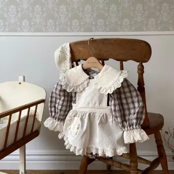 Nieuwe Meisje Mode Vintage Prinses Bodysuit Peuter Plaid Peter Pan Kraag Katoen Bladerdeeg Mouwen Jumpsuit + Leuke Afneembare Schort