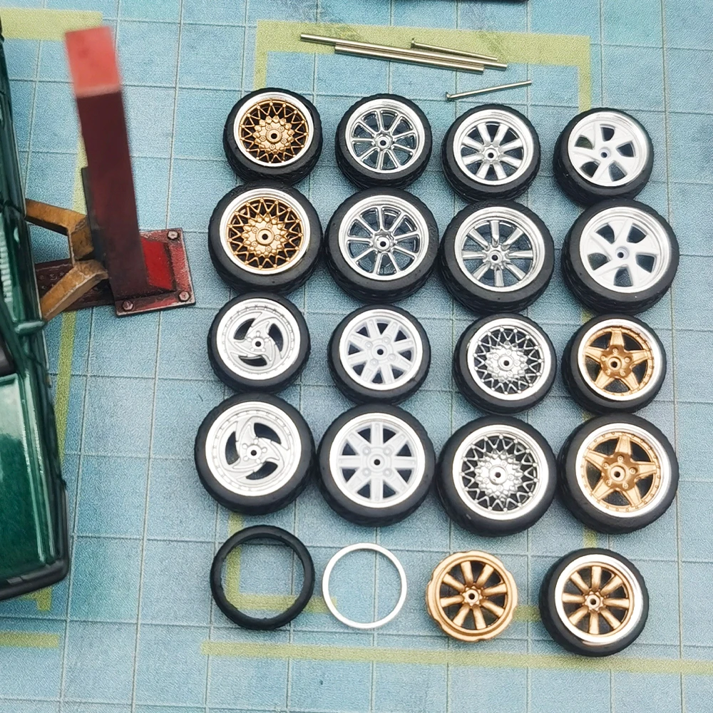 Kicarmod 1/64 Model Car ABS Wheels with Rubber Tire Metal Rims Front Small Rear Large Refitting Parts For Model Car Hot Wheels