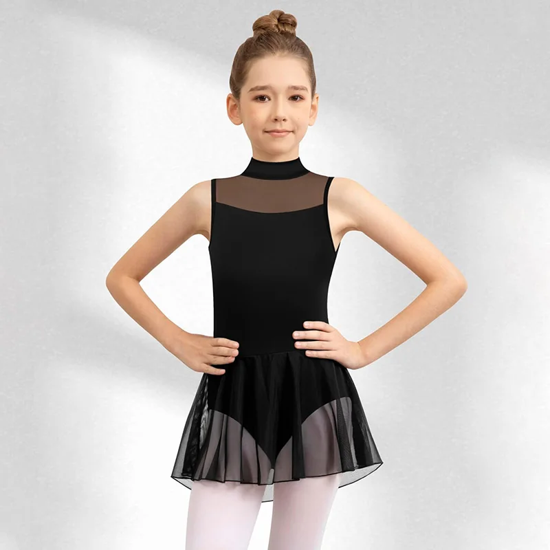 Leotardo de Ballet para niñas, para baile, gimnasia, falda de malla, tanque de leotardo con ojo de cerradura, espalda hueca y vestido de Ballet empalmado de malla en el pecho