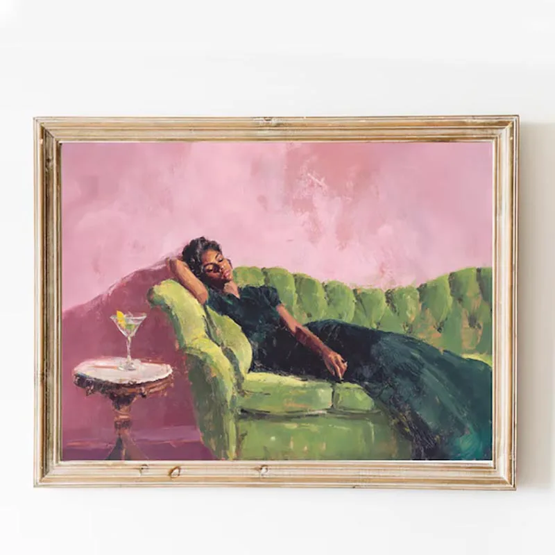 Woman on Couch with Martini Quirky Canvas Prints Whimsical Cocktail Bar Cart Decor Aesthetic Oil Painting Gift Wall Poster Pic