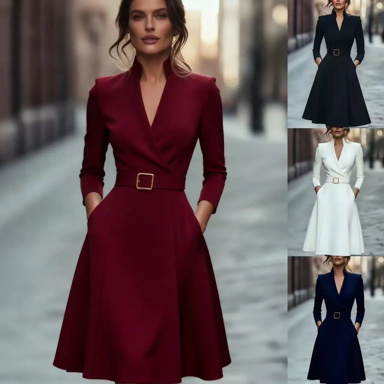 Damen Herbst Winter V-Ausschnitt Langarm A-Linie Rock Schlankheits Taille Gürtel Mittellang Pendlermode – Detail 2