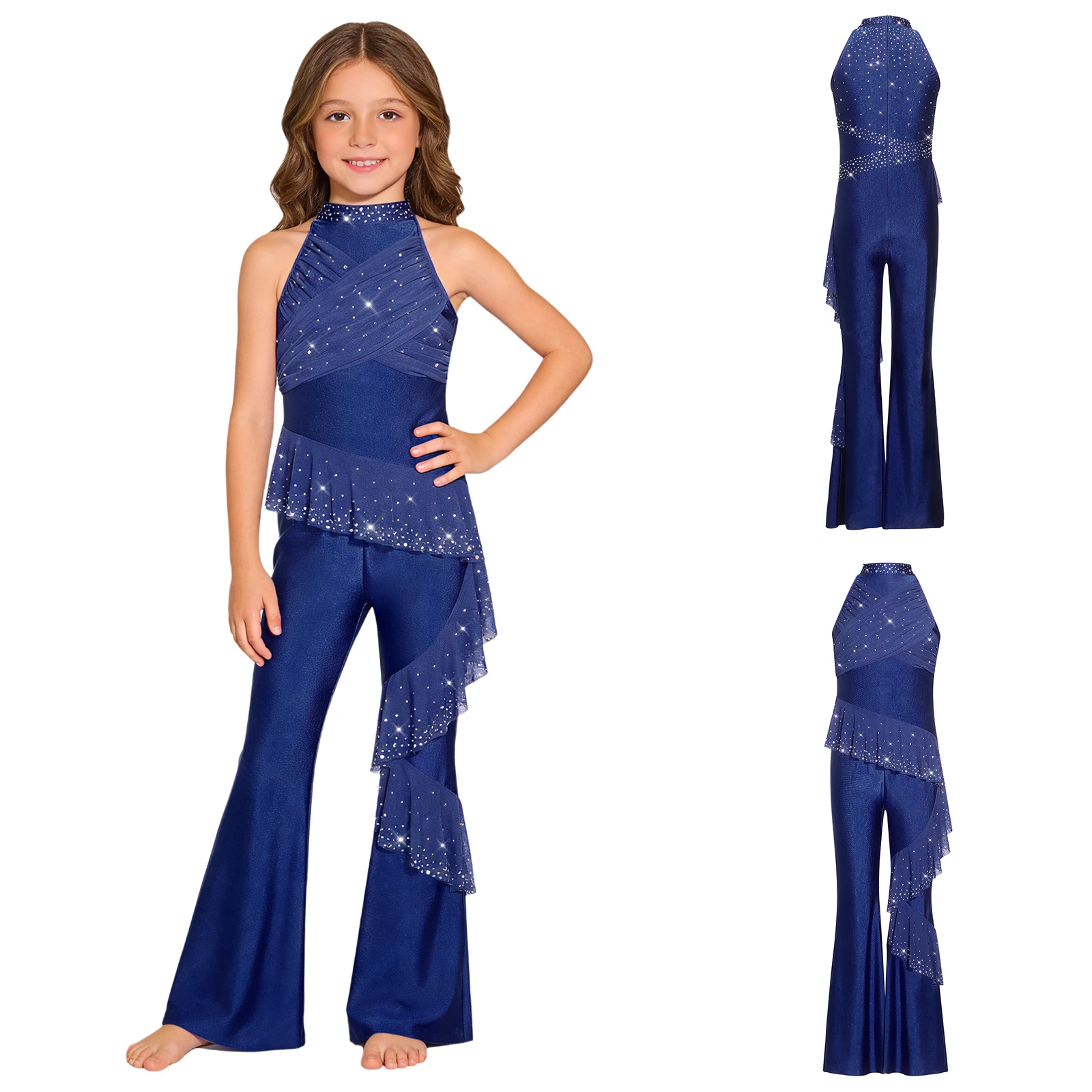 

Kid Girls Tango Latin Ballroom Dance Performance Jumpsuits Costumes Sleeveless Mesh Ruffles Bell-Bottom Bodysuit Gymnastic Dress