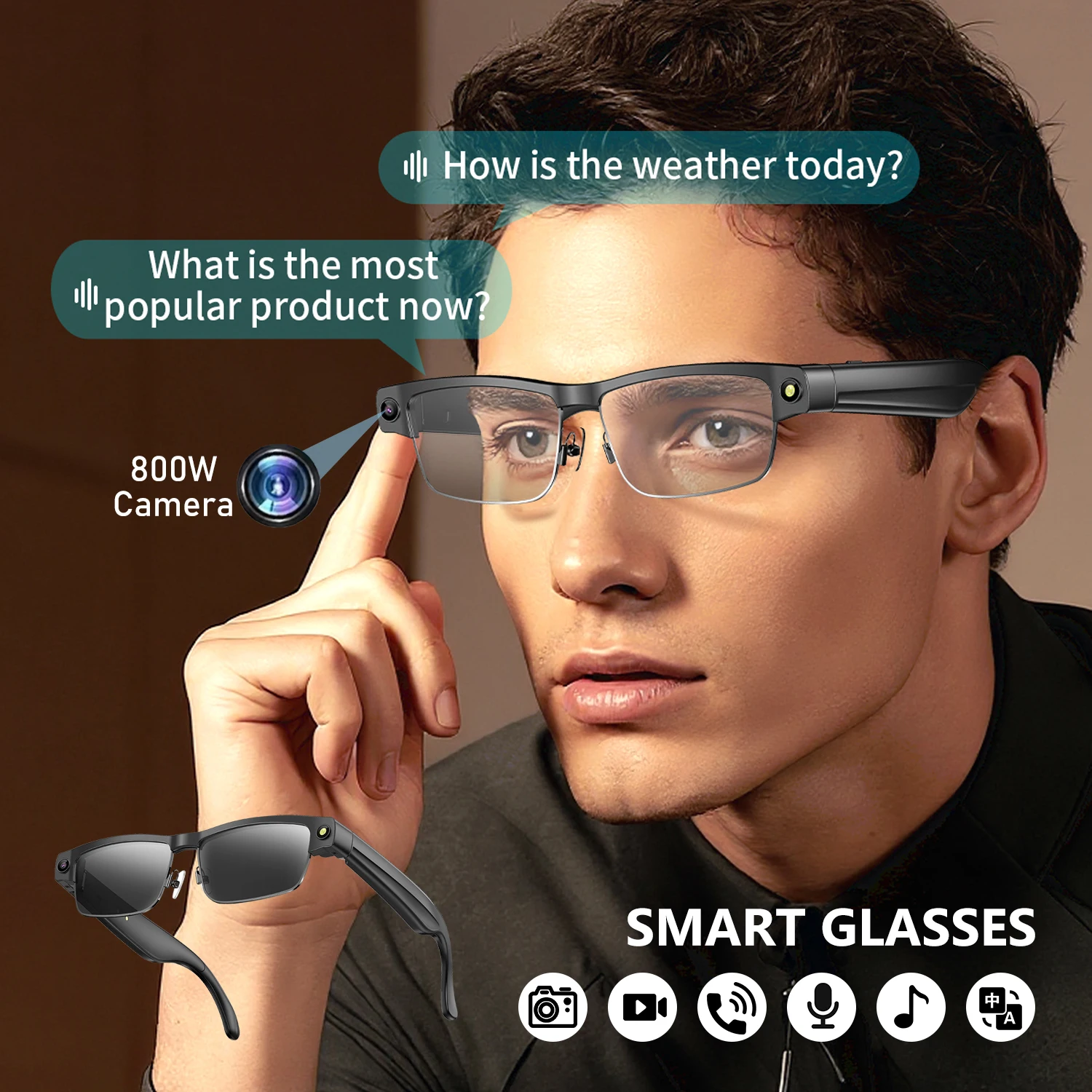 

Camera Smart Glasses Photo Video Record BT Call Music Playback Smart Glasses Al Object Recognition Voice Assistant Sunglasses
