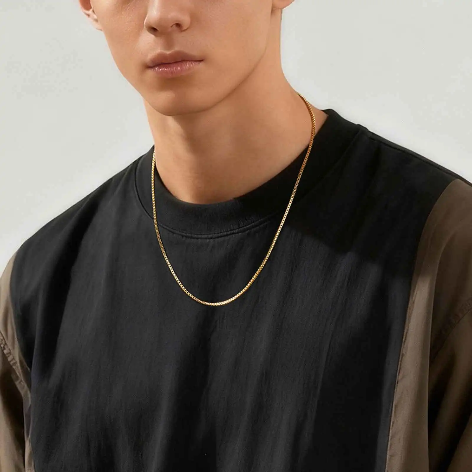 2 teile/satz Dünne Kette Halskette für Männer Jungen, Edelstahl Gold Silber Farbe Box Kette Halsbänder, stilvolle Männliche Schmuck Geschenk – Detail 2