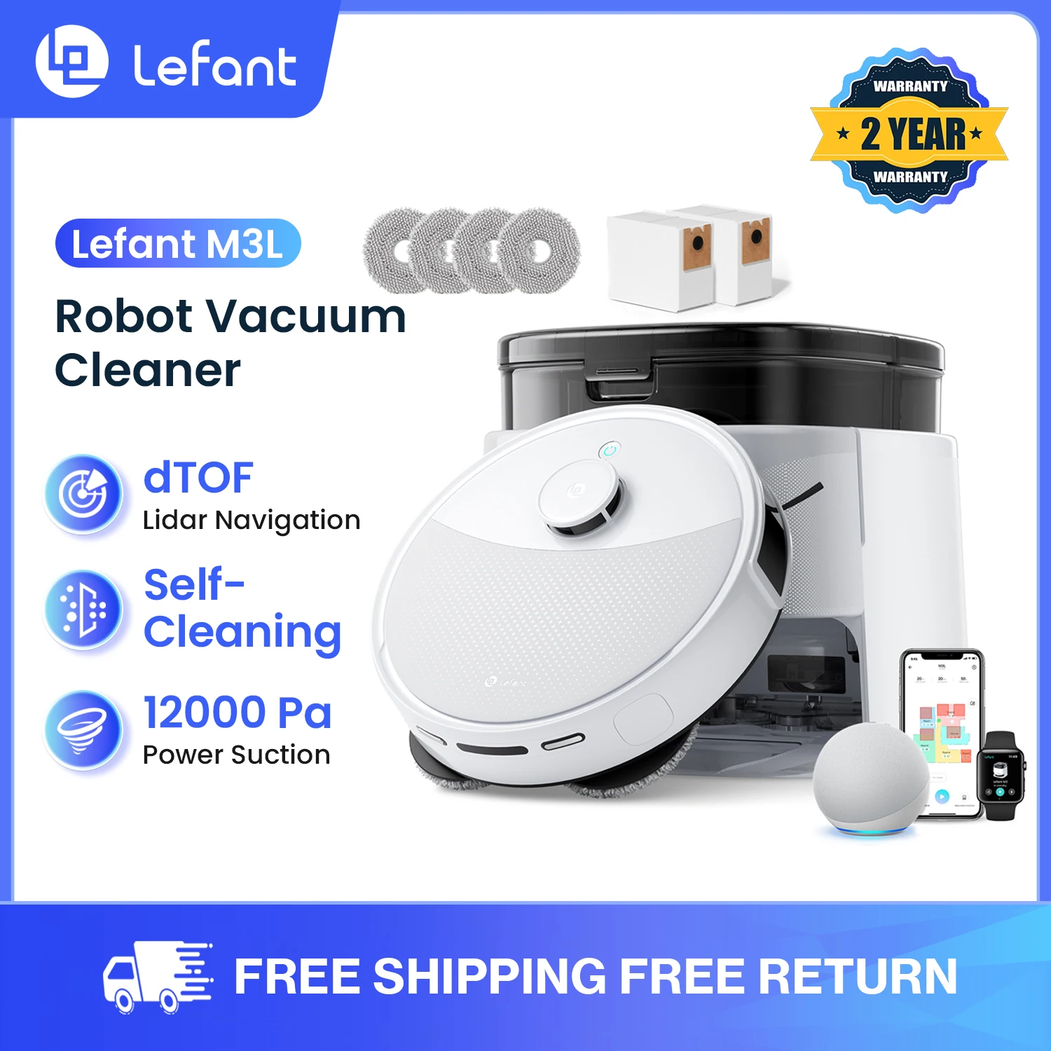 Lefant M3L Robot Vacuum Cleaner and Mop 12000Pa Suction Self-Emptying Station Auto Wash and Dry Smart Obstacle Avoidance Zero Tangling Carpet Strategy