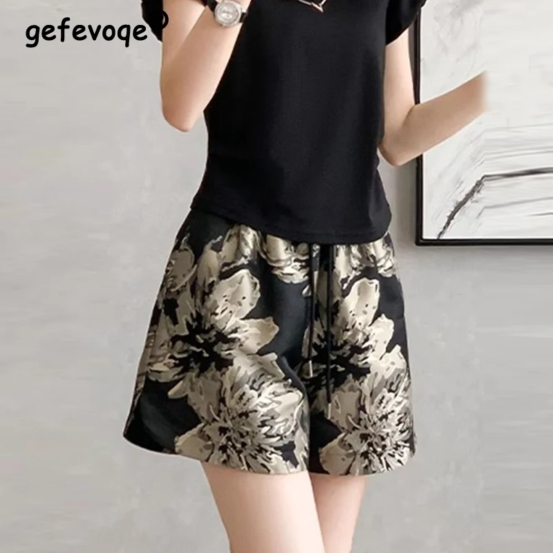 

Women's Vintage Fashion Floral Print Elegant Chic Wide Leg Short Pants 2024 Summer Female High Waist Loose Ice Silk Beach Shorts