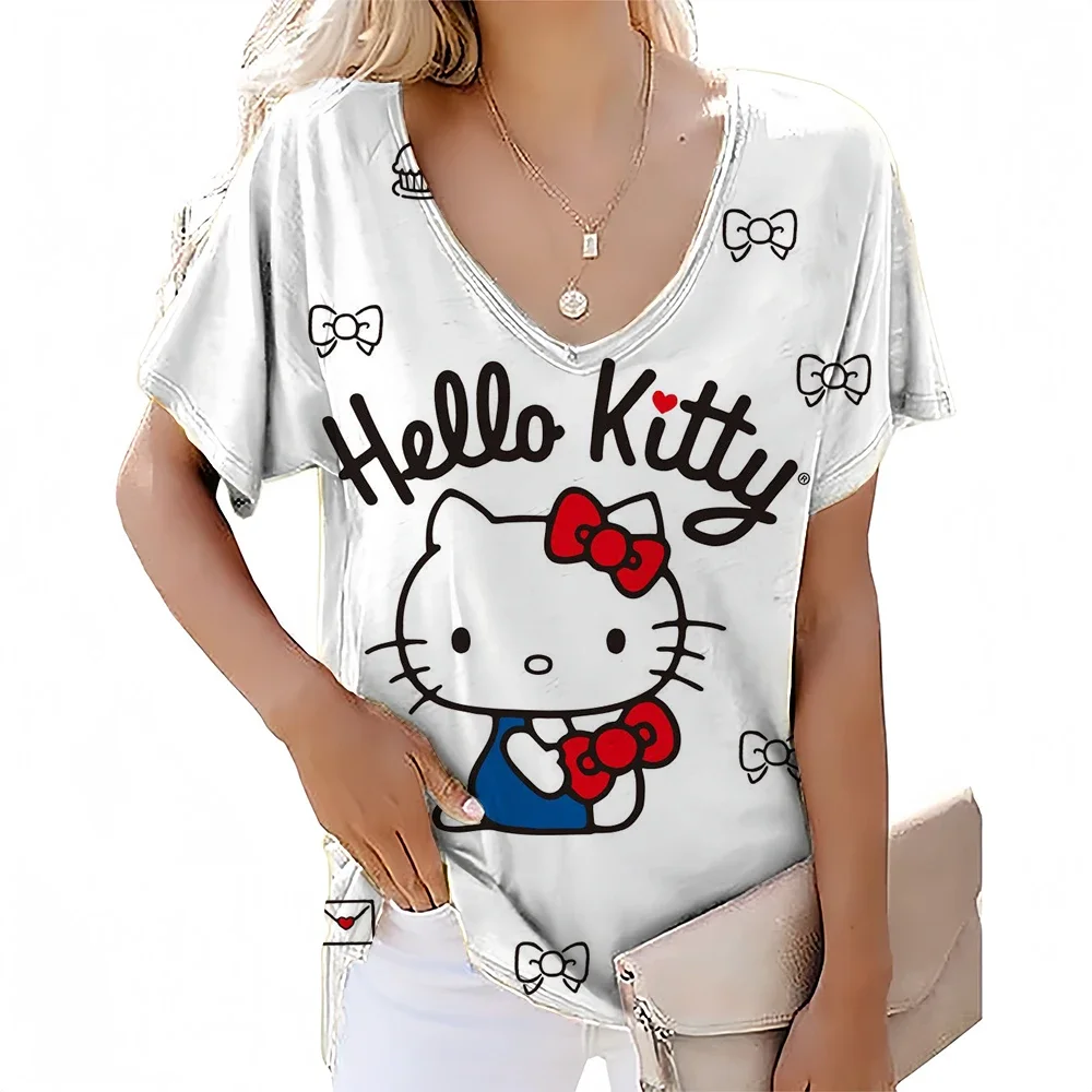 Minimalist New Summer High Quality Hello Kitty Anime Print T-shirt Vibrant Street Leisure Women's V-neck Short Sleeved Top