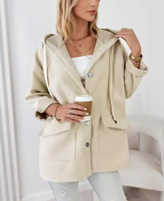 

Elegant Coat Minimalist Hooded Jacket with Large Pockets Drawstring Design Commuting Loose Casual Windbreaker Jacket for Women