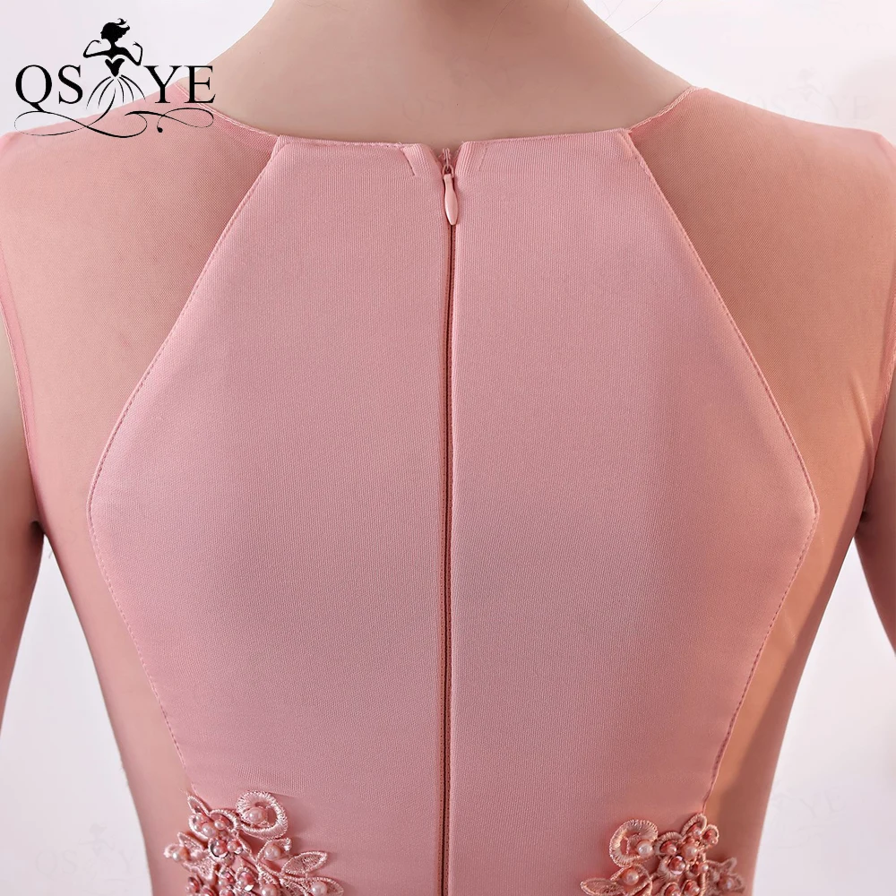 QSYYE Roze Bruidsmeisjekleding Illusie Taille Kralen Applique Kant Avondjurk Mouwloze Fit Stretchy Satijn Formele Galajurk