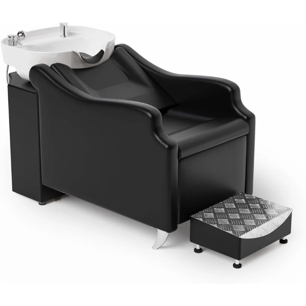 Shampoo terugspoeleenheid met witte porseleinen kom, salongootsteen haarwasstoel shampoostation, kapperszaak schoonheid