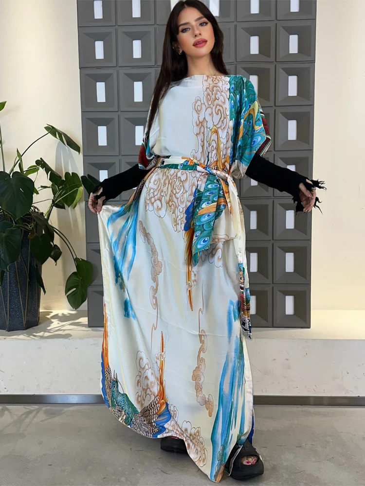 

XIZEO muslim african dresses for woman dubai abaya Crew Neck Wave dot print Kaftan Dress, Elegant Maxi Length Dress, maxi dress