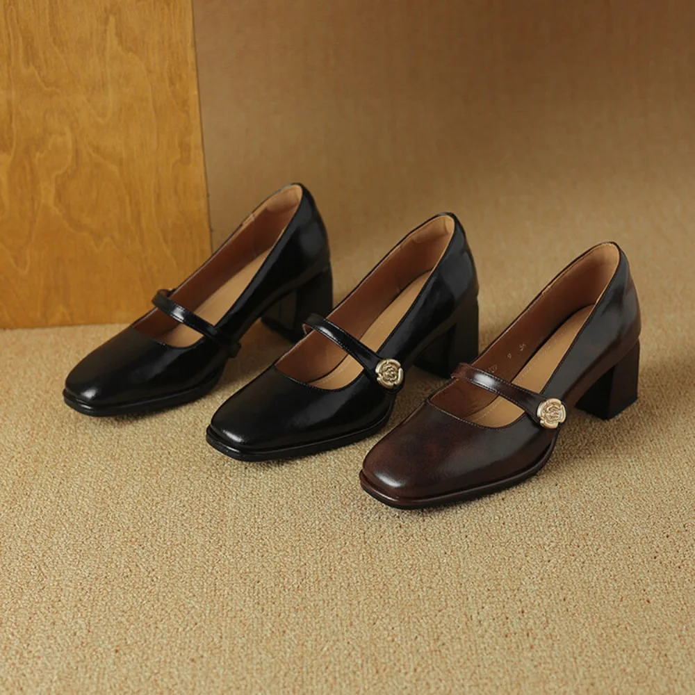 Women Shoes High Heels Vintage Mary Jane Shoes Spring Black Brown Leather Shoes Leather Leather Heels Square Toe Buckle Strap