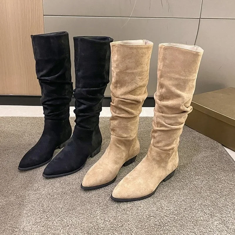 Nowe Plisowane Buty Kobiety Czarny Nude Faux Suede Flock Knee High Boot Ladies Flat Autumn Winter Dress Shoe 40 Solid Slip on Botas