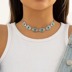Chic Silvertone Concho Simulate Turquoise Necklace Vintage Collar Metal Necklaces Cowboy Cowgirl Statement Western Jewelry Gift