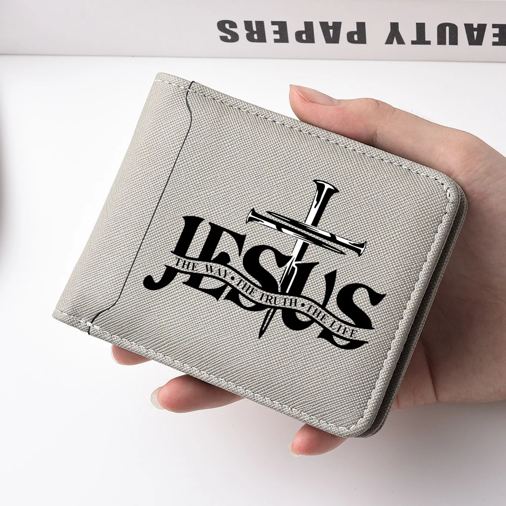 Men's Leather Simple Double-sided Wallet, Short Style, Casual Jesus Pattern, Thin Card Case, Men's Money Clip