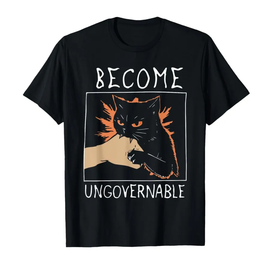 

Become Ungovernable - футболка Black Cat Biting Hand Funny Meme для мужчин и женщин, футболки из 100% хлопка, топы с короткими рукавами 0816-2
