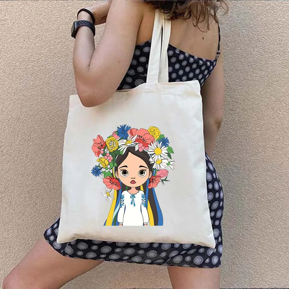 Heart UKRAINE Flag Map Trident UKRAINIAN Girl Shopper Canvas Totes Bag Sunflower Peace Flower Butterfly Cotton Shoulder Handbags