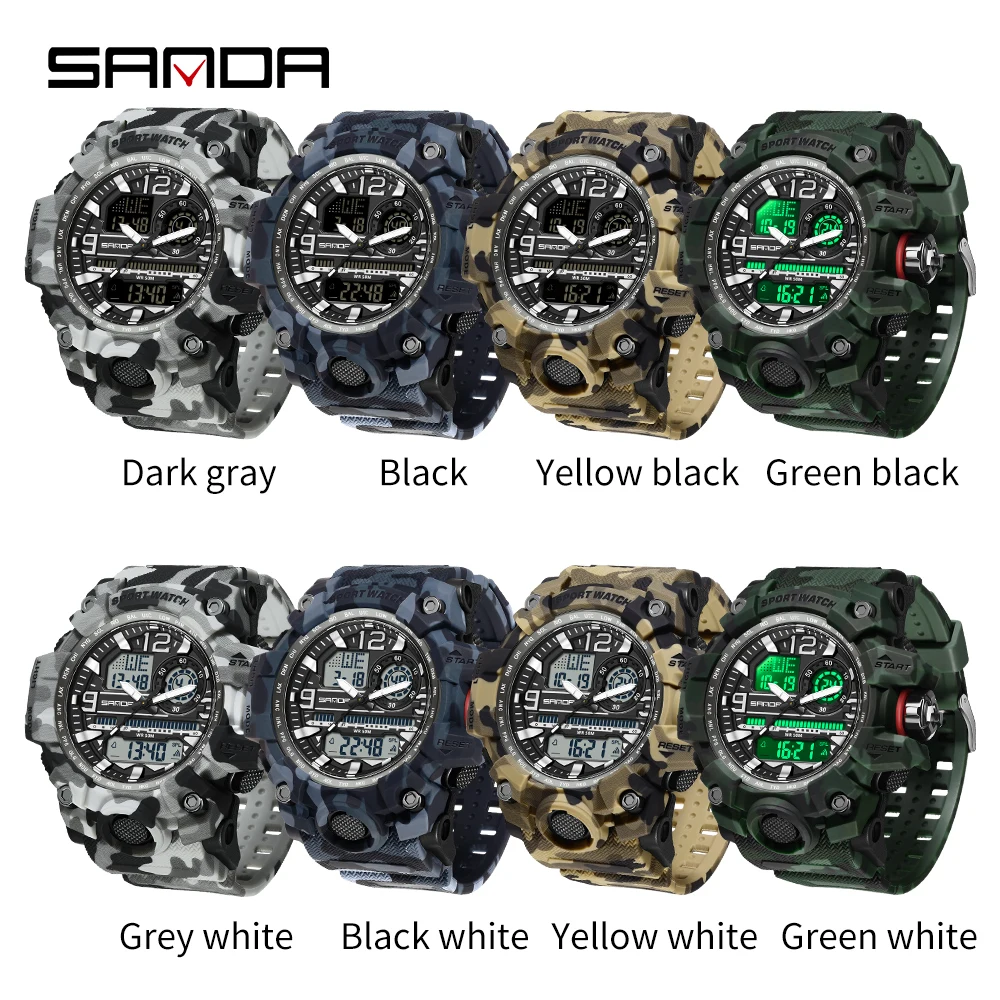 SANDA-Relógio de quartzo estilo Camo G para homens, militares, LED, digital, ao ar livre, esporte, eletrônico, cronômetro, impermeável, nova moda