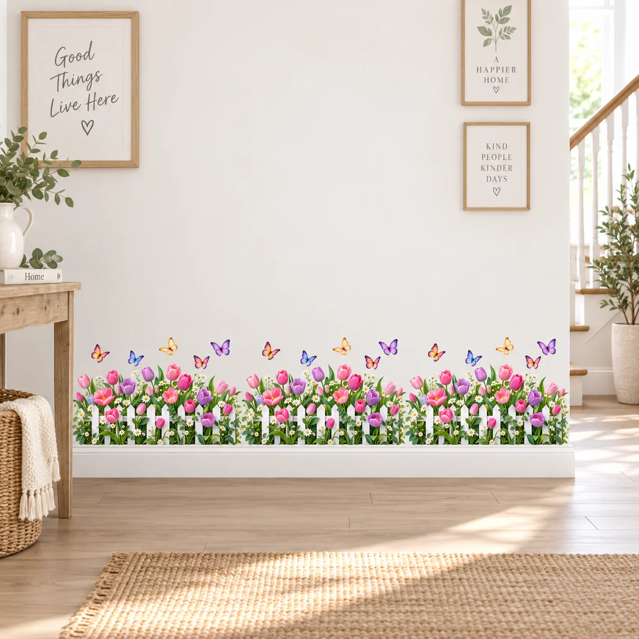 Flower Wall Decals Tulip Daisy Butterfly White Picket Fence Baseboard Sticker Living Room Bedroom Home Decor