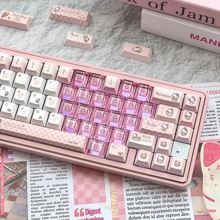 Cute Hello Kitty Pink Keycaps Cherry Profile PBT Five-side Sublimation for Alice ISO Layout MX Switch Mechanical Keyboard Keycap