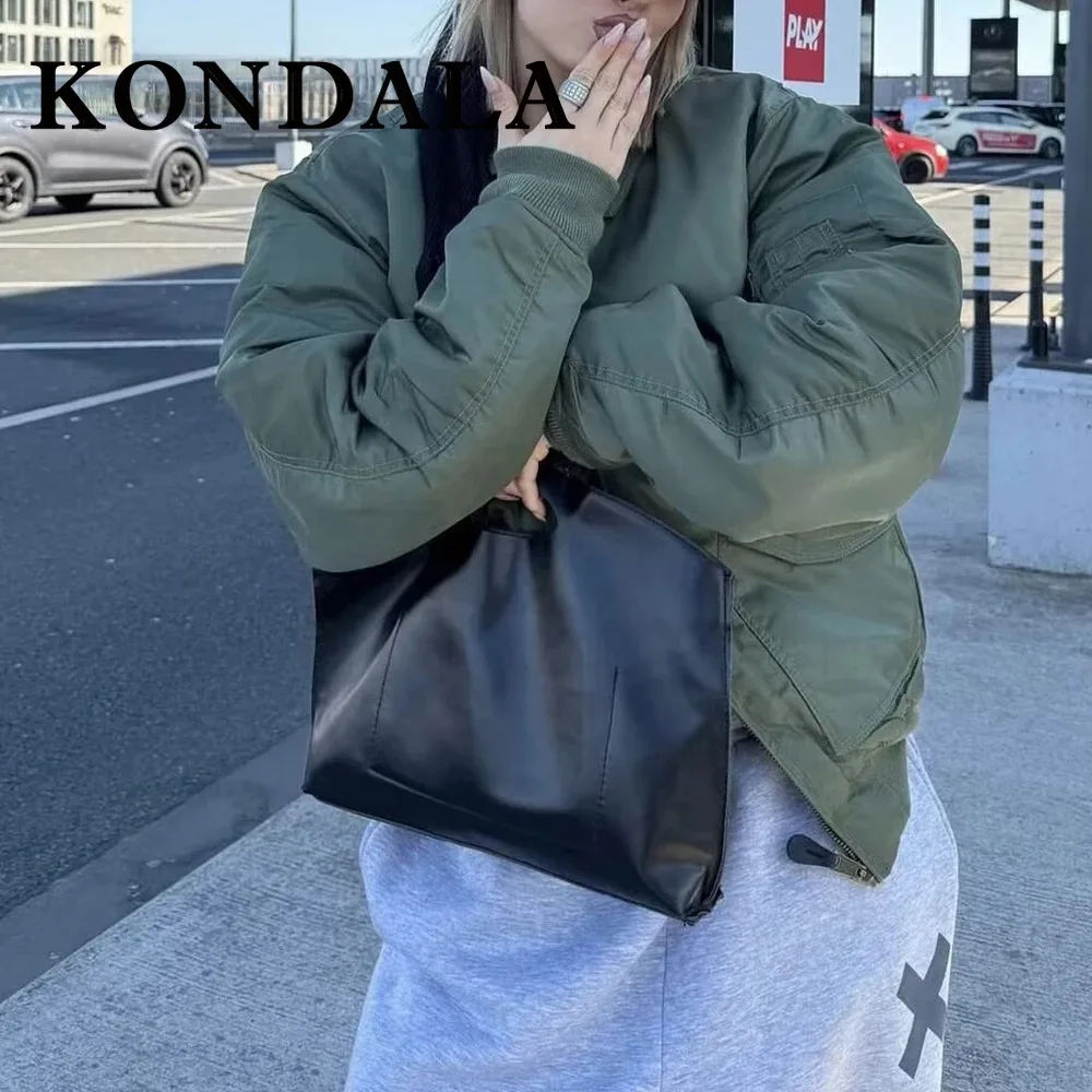 KONDALA Chic 2025, Herbst Winter Frauen Motorrad-stil Jacke Zipper Tasche Lose Warme Grüne Mäntel Mode Lässig Weiblichen Outwear