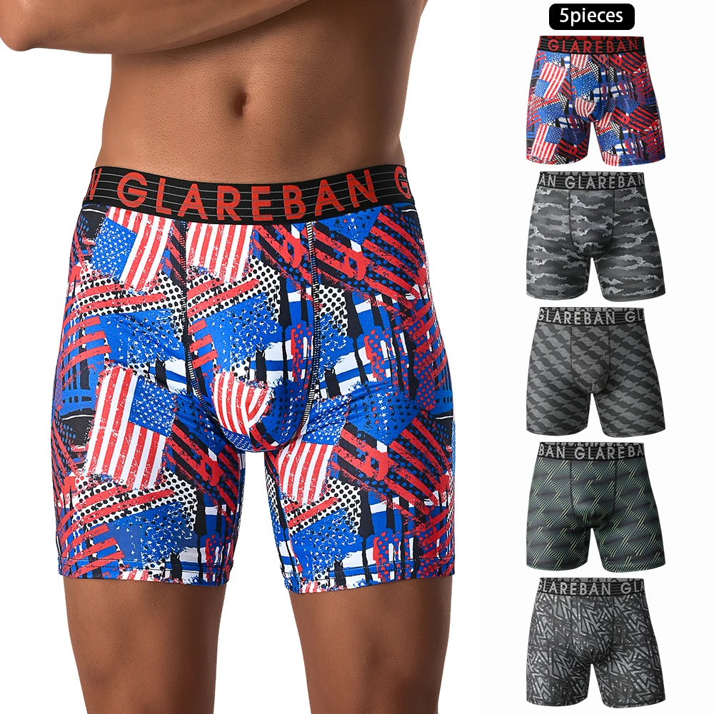 Men'S Fashion Underwear Brands - กางเกงบ็อกเซอร์ชายความยาวระดับกลางต้นขา 5 ชิ้น ลายพิมพ์เรขาคณิต แบรนด์ดัง กางเกงชั้นในลายธงและภาพคอลลาจ