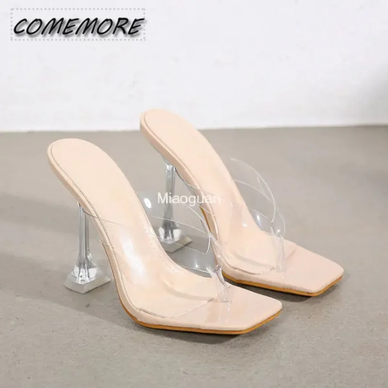 Fashion Open Toe Woman Pumps 2024 New Summer Slippers Crystal Strange Style Heels Transparent Square Toe Women\'s Sandals Casual