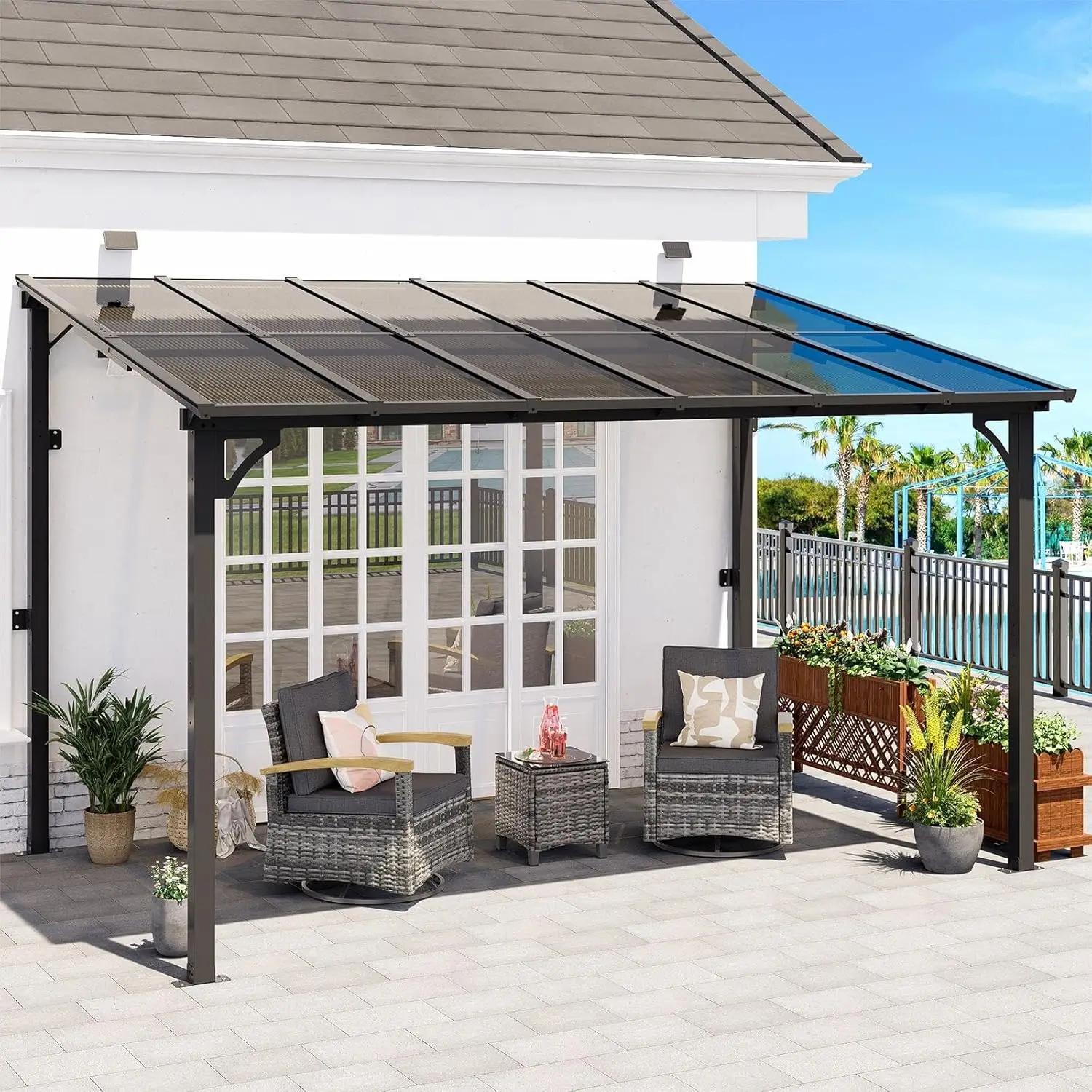

8x12 Wall Mounted Pergola Metal Sloped Roof Patio Gazebo Awning Black Custom
