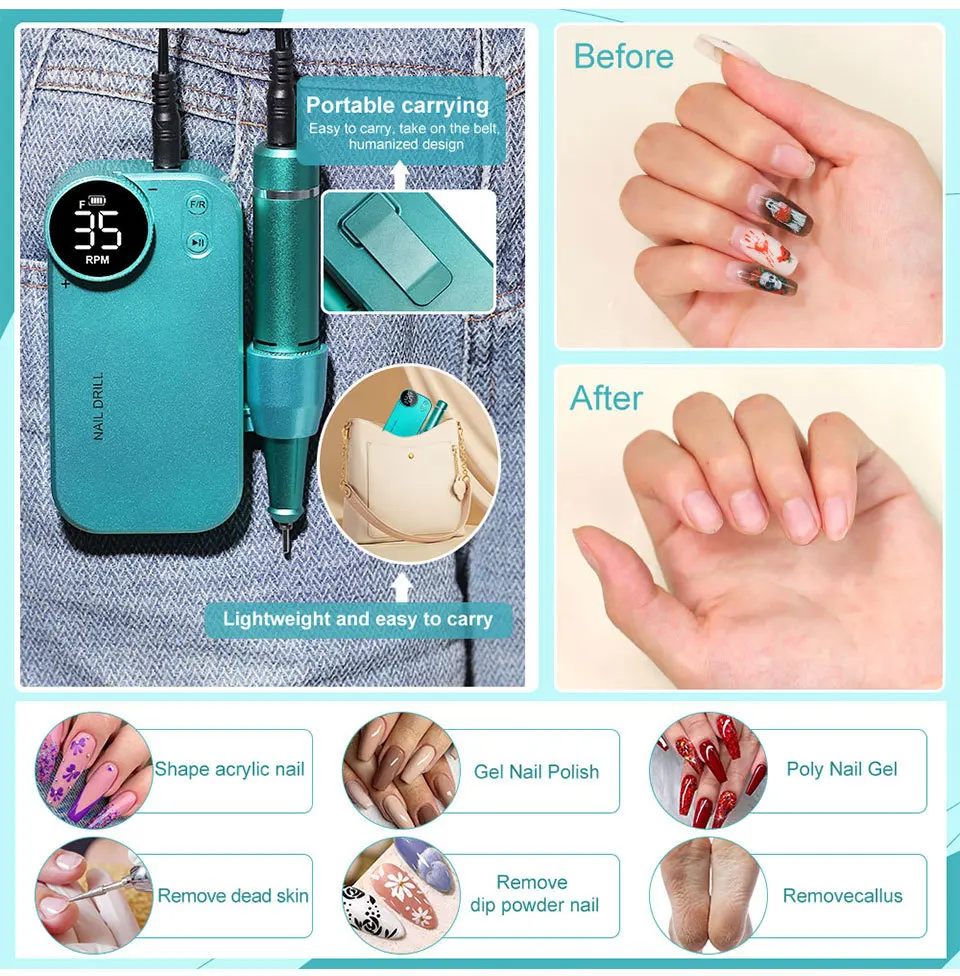 Elektryczna, akumulatorowa frezarka do paznokci 35000 obr./min, profesjonalna polerka do paznokci żelowych, przenośna pilnik do manicure.